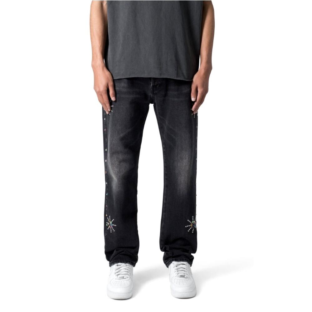 MNML Men's Washed Black V376 Studded Baggy Denim Jeans Size 32